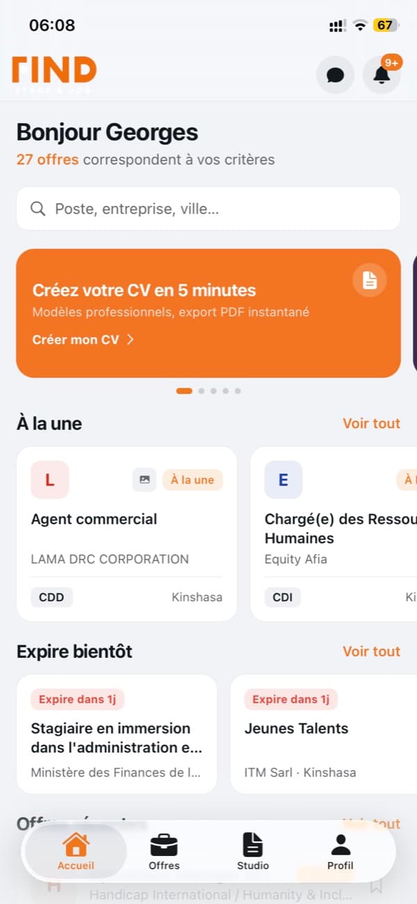 Écran d'accueil de l'application Find Job