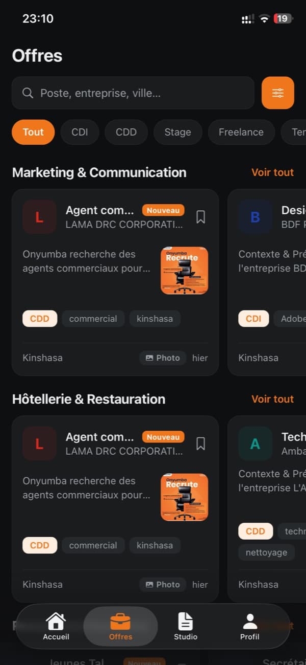 Liste des offres dans l'application Find Job